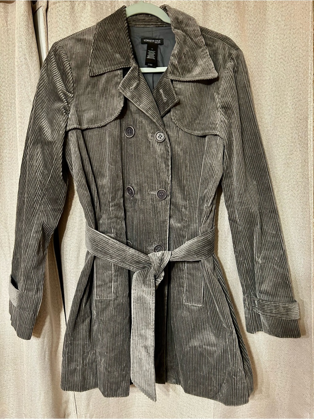 Kenneth Cole Women’s Gray Corduroy Double-Breasted Belted Trench Jacket Size 10
